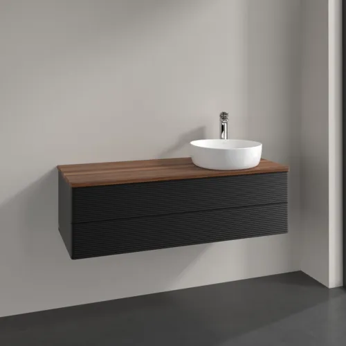 Bild von VILLEROY BOCH Antao Waschbeckenunterschrank, mit Beleuchtung, 2 Auszüge, 1200 x 360 x 500 mm, Front mit Struktur, Black Matt Lacquer / Warm Walnut #L23152PD