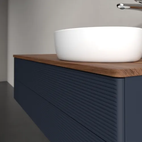 Bild von VILLEROY BOCH Antao Waschbeckenunterschrank, mit Beleuchtung, 2 Auszüge, 1200 x 360 x 500 mm, Front mit Struktur, Midnight Blue Matt Lacquer / Warm Walnut #L23152HG