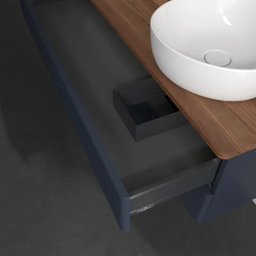 Bild von VILLEROY BOCH Antao Waschbeckenunterschrank, mit Beleuchtung, 2 Auszüge, 1200 x 360 x 500 mm, Front mit Struktur, Midnight Blue Matt Lacquer / Warm Walnut #L23152HG