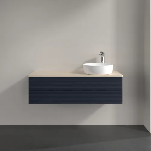 Bild von VILLEROY BOCH Antao Waschbeckenunterschrank, mit Beleuchtung, 2 Auszüge, 1200 x 360 x 500 mm, Front mit Struktur, Midnight Blue Matt Lacquer / Botticino #L23153HG