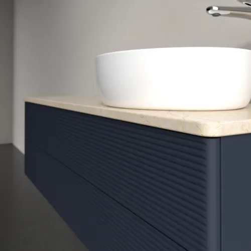 Bild von VILLEROY BOCH Antao Waschbeckenunterschrank, mit Beleuchtung, 2 Auszüge, 1200 x 360 x 500 mm, Front mit Struktur, Midnight Blue Matt Lacquer / Botticino #L23153HG