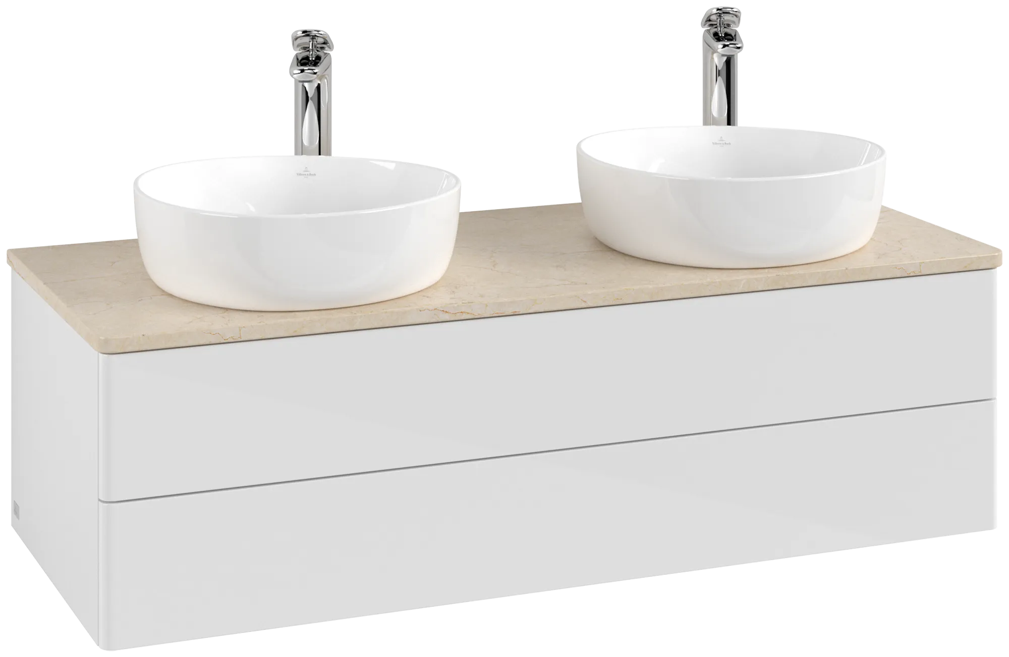 Picture of VILLEROY BOCH Antao Vanity unit, with lighting, 2 pull-out compartments, 1200 x 360 x 500 mm, Front without structure, Glossy White Lacquer / Botticino #L24053GF