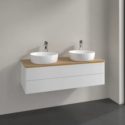 Bild von VILLEROY BOCH Antao Waschbeckenunterschrank, mit Beleuchtung, 2 Auszüge, 1200 x 360 x 500 mm, Front ohne Struktur, Glossy White Lacquer / Honey Oak #L24051GF