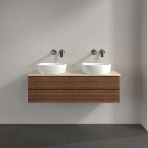 Bild von VILLEROY BOCH Antao Waschbeckenunterschrank, mit Beleuchtung, 2 Auszüge, 1200 x 360 x 500 mm, Front mit Struktur, Warm Walnut / Botticino #L24113HM