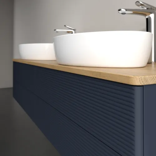 Bild von VILLEROY BOCH Antao Waschbeckenunterschrank, mit Beleuchtung, 4 Auszüge, 1600 x 360 x 500 mm, Front mit Struktur, Midnight Blue Matt Lacquer / Honey Oak #L28151HG
