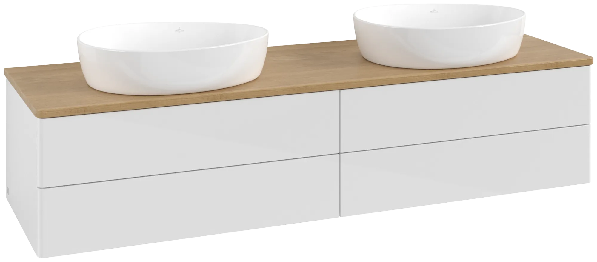 Зображення з  VILLEROY BOCH Antao Vanity unit, with lighting, 4 pull-out compartments, 1600 x 360 x 500 mm, Front without structure, Glossy White Lacquer / Honey Oak #L28011GF