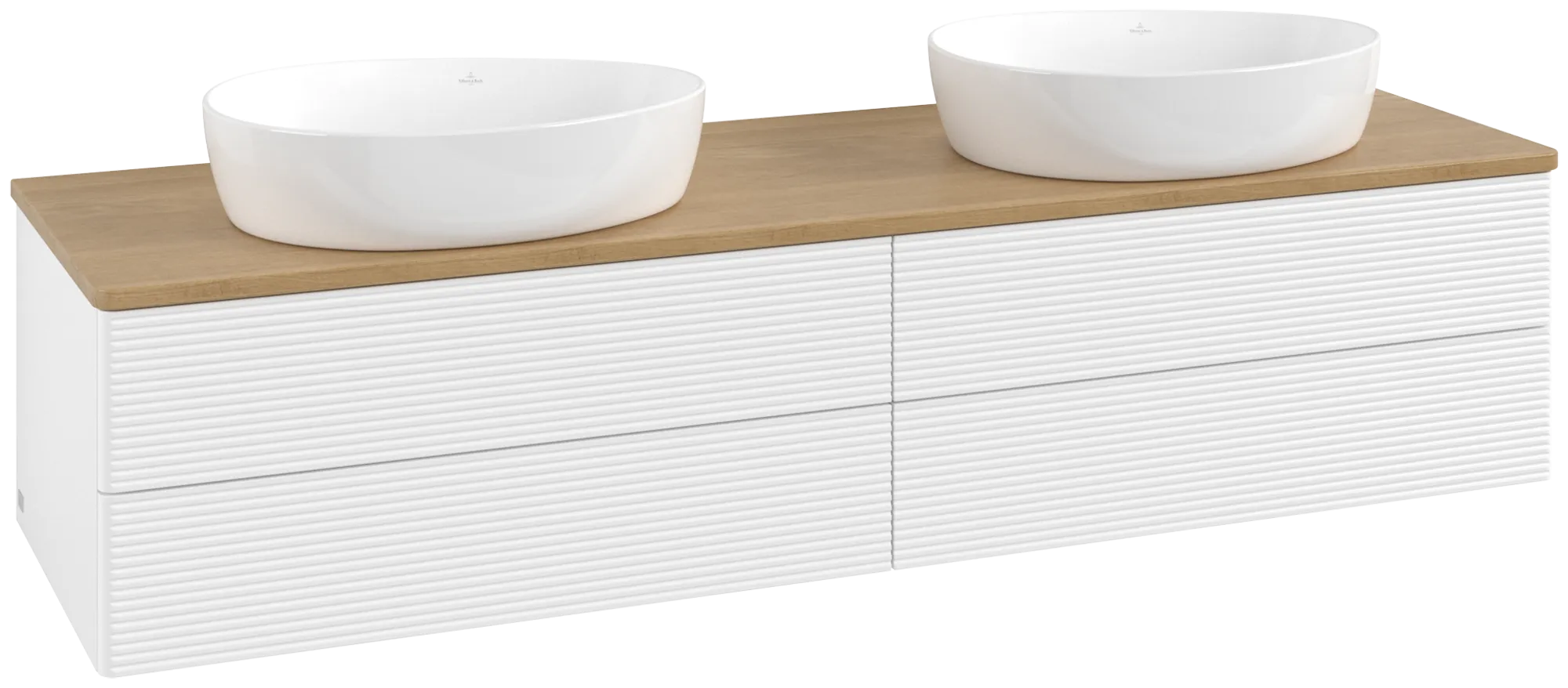 Зображення з  VILLEROY BOCH Antao Vanity unit, with lighting, 4 pull-out compartments, 1600 x 360 x 500 mm, Front with grain texture, White Matt Lacquer / Honey Oak #L28111MT