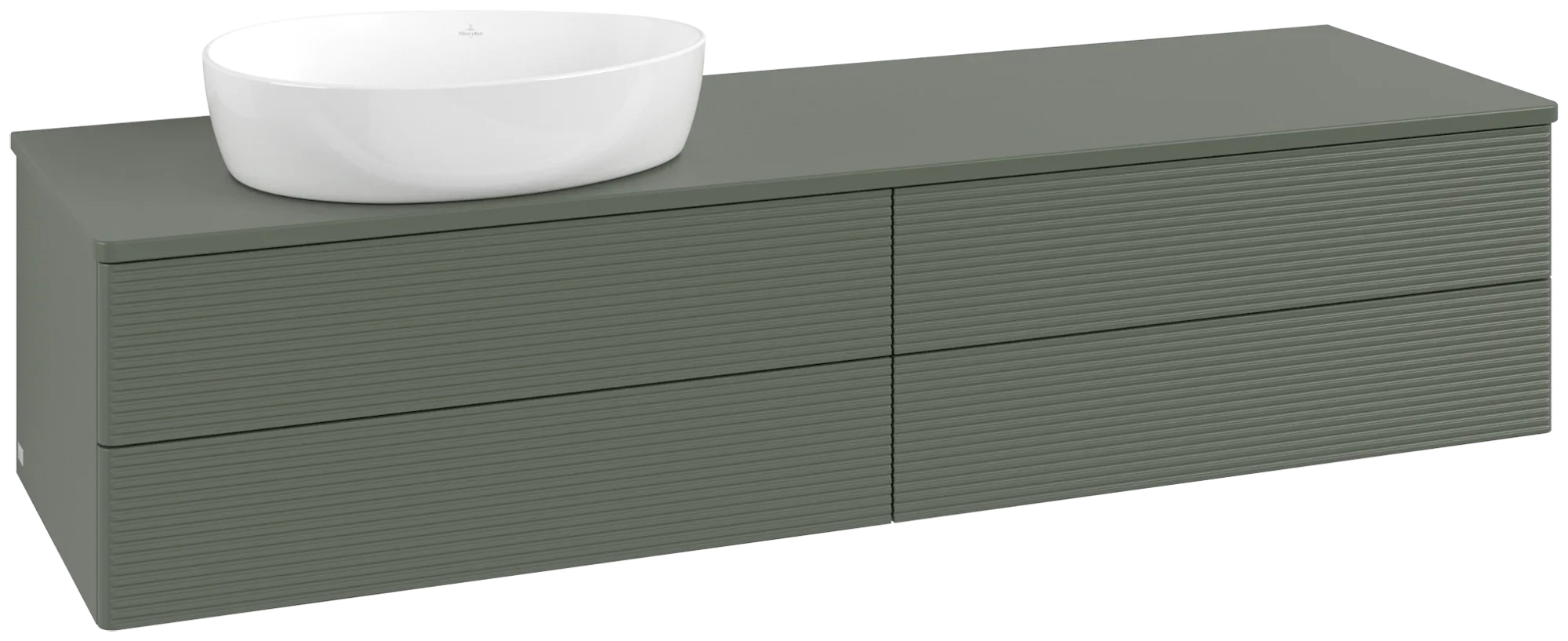 Зображення з  VILLEROY BOCH Antao Vanity unit, with lighting, 4 pull-out compartments, 1600 x 360 x 500 mm, Front with grain texture, Leaf Green Matt Lacquer / Leaf Green Matt Lacquer #L26110HL