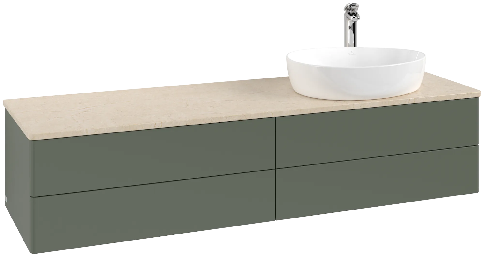 Зображення з  VILLEROY BOCH Antao Vanity unit, with lighting, 4 pull-out compartments, 1600 x 360 x 500 mm, Front without structure, Leaf Green Matt Lacquer / Botticino #L27053HL