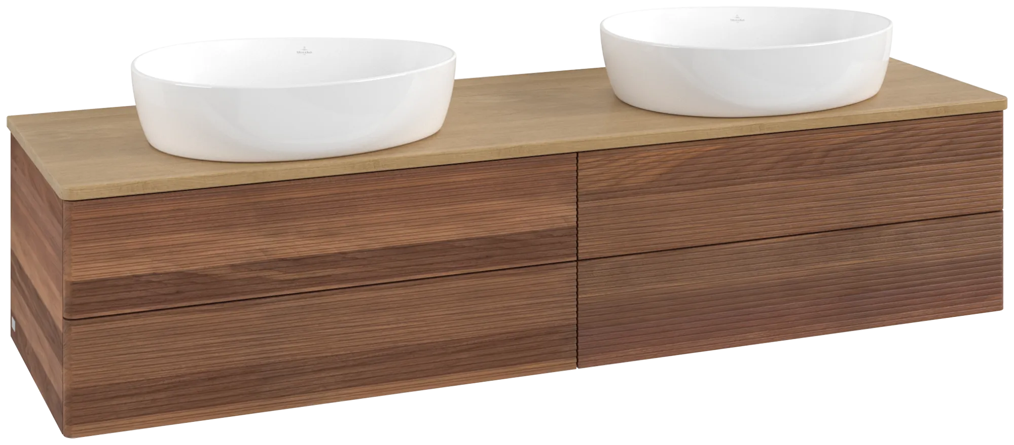 Зображення з  VILLEROY BOCH Antao Vanity unit, with lighting, 4 pull-out compartments, 1600 x 360 x 500 mm, Front with grain texture, Warm Walnut / Honey Oak #L28111HM