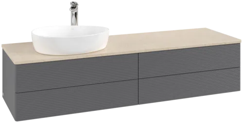 Зображення з  VILLEROY BOCH Antao Vanity unit, with lighting, 4 pull-out compartments, 1600 x 360 x 500 mm, Front with grain texture, Anthracite Matt Lacquer / Botticino #L26153GK