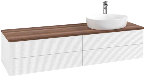 Зображення з  VILLEROY BOCH Antao Vanity unit, with lighting, 4 pull-out compartments, 1600 x 360 x 500 mm, Front with grain texture, White Matt Lacquer / Warm Walnut #L27152MT