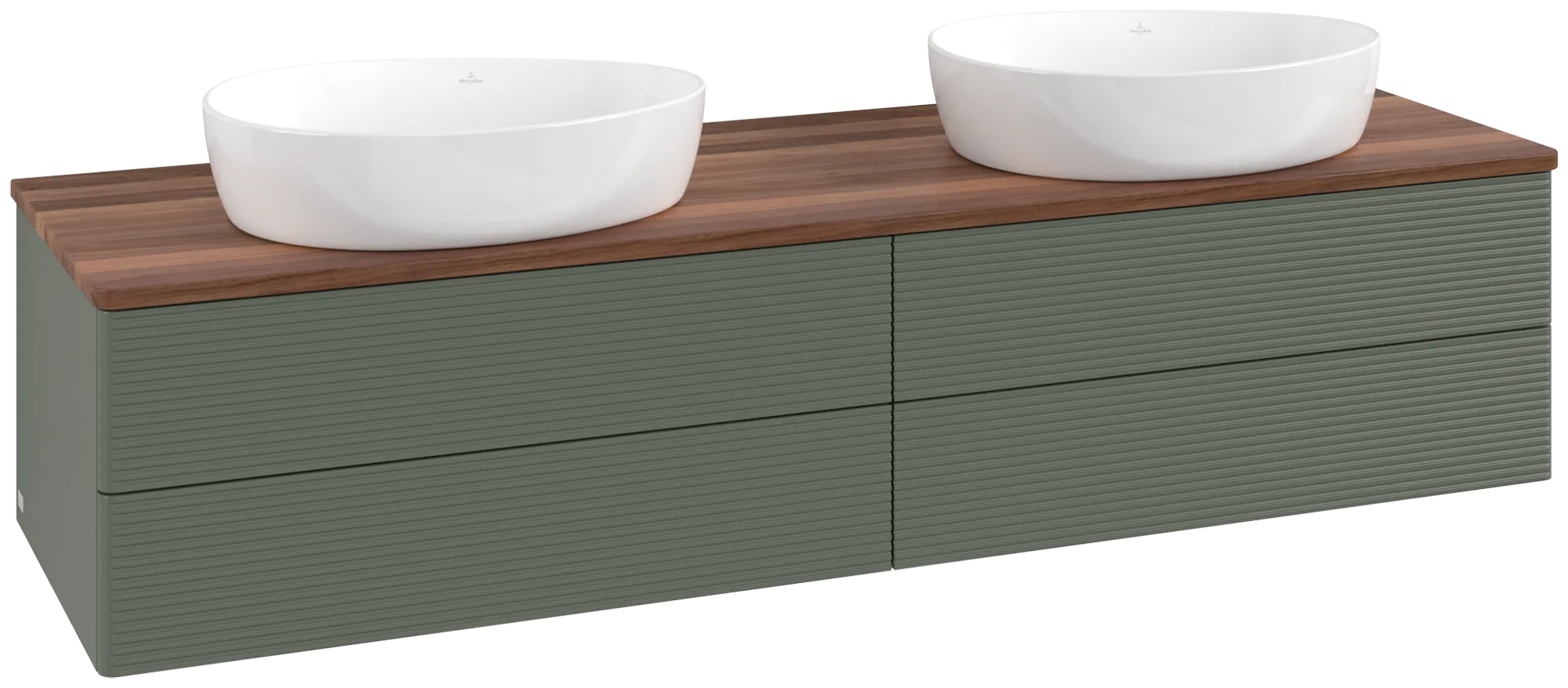 Picture of VILLEROY BOCH Antao Vanity unit, with lighting, 4 pull-out compartments, 1600 x 360 x 500 mm, Front with grain texture, Leaf Green Matt Lacquer / Warm Walnut #L28112HL