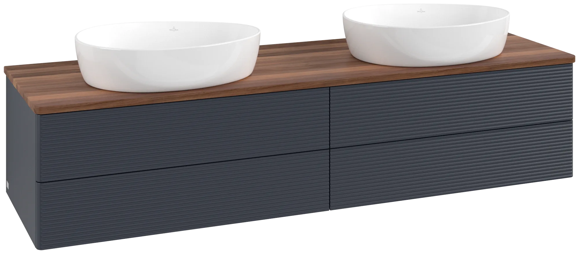 Picture of VILLEROY BOCH Antao Vanity unit, with lighting, 4 pull-out compartments, 1600 x 360 x 500 mm, Front with grain texture, Midnight Blue Matt Lacquer / Warm Walnut #L28112HG