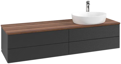 Picture of VILLEROY BOCH Antao Vanity unit, with lighting, 4 pull-out compartments, 1600 x 360 x 500 mm, Front with grain texture, Black Matt Lacquer / Warm Walnut #L27152PD