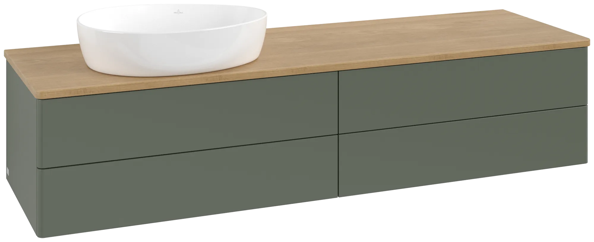 Picture of VILLEROY BOCH Antao Vanity unit, with lighting, 4 pull-out compartments, 1600 x 360 x 500 mm, Front without structure, Leaf Green Matt Lacquer / Honey Oak #L26011HL