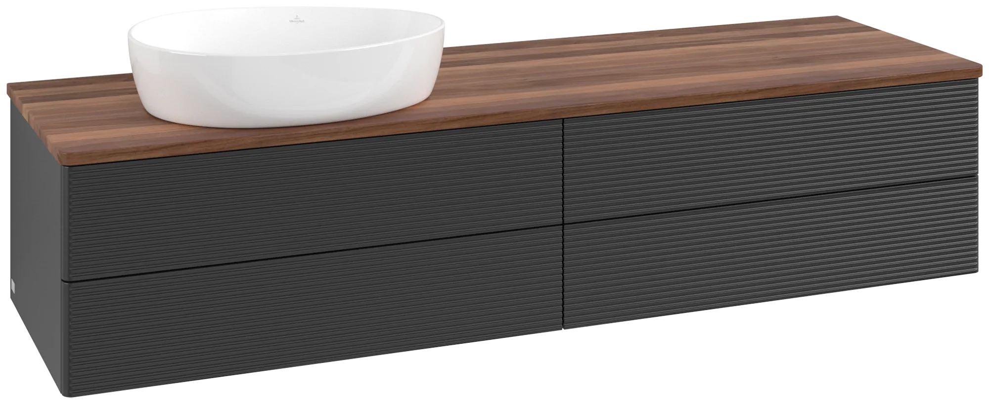 Picture of VILLEROY BOCH Antao Vanity unit, with lighting, 4 pull-out compartments, 1600 x 360 x 500 mm, Front with grain texture, Black Matt Lacquer / Warm Walnut #L26112PD