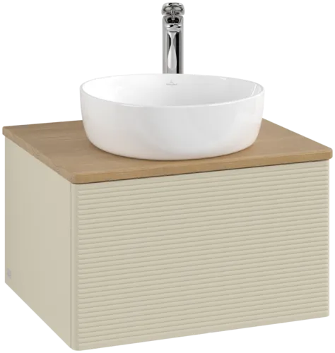 Picture of VILLEROY BOCH Antao Vanity unit, with lighting, 1 pull-out compartment, 600 x 360 x 500 mm, Front with grain texture, Silk Grey Matt Lacquer / Honey Oak #L29151HJ