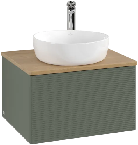 Picture of VILLEROY BOCH Antao Vanity unit, with lighting, 1 pull-out compartment, 600 x 360 x 500 mm, Front with grain texture, Leaf Green Matt Lacquer / Honey Oak #L29151HL
