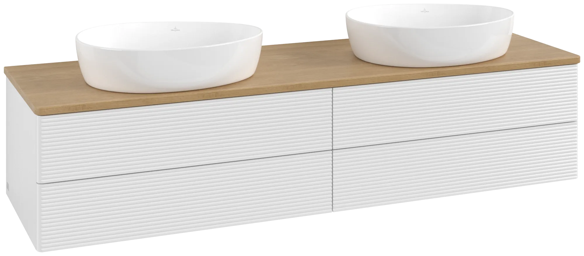 Picture of VILLEROY BOCH Antao Vanity unit, with lighting, 4 pull-out compartments, 1600 x 360 x 500 mm, Front with grain texture, Glossy White Lacquer / Honey Oak #L28111GF