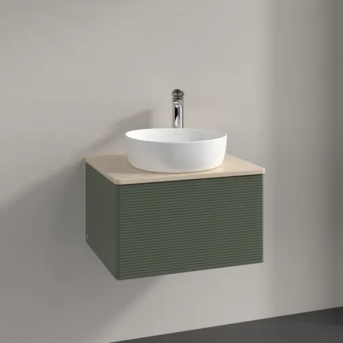 Bild von VILLEROY BOCH Antao Waschbeckenunterschrank, mit Beleuchtung, 1 Auszug, 600 x 360 x 500 mm, Front mit Struktur, Leaf Green Matt Lacquer / Botticino #L29153HL