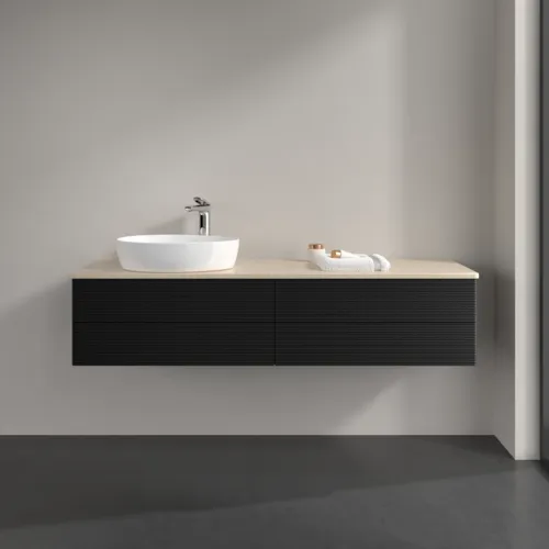 Bild von VILLEROY BOCH Antao Waschbeckenunterschrank, mit Beleuchtung, 4 Auszüge, 1600 x 360 x 500 mm, Front mit Struktur, Black Matt Lacquer / Botticino #L26153PD