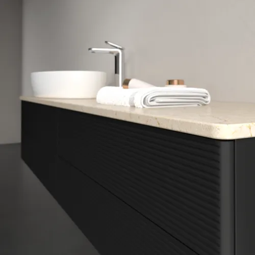 Bild von VILLEROY BOCH Antao Waschbeckenunterschrank, mit Beleuchtung, 4 Auszüge, 1600 x 360 x 500 mm, Front mit Struktur, Black Matt Lacquer / Botticino #L26153PD