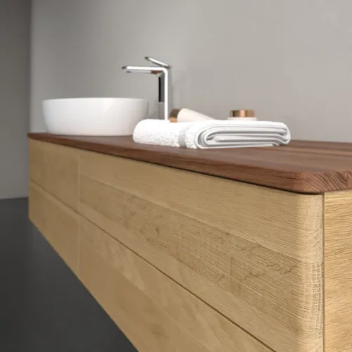 Bild von VILLEROY BOCH Antao Waschbeckenunterschrank, mit Beleuchtung, 4 Auszüge, 1600 x 360 x 500 mm, Front ohne Struktur, Honey Oak / Warm Walnut #L26052HN