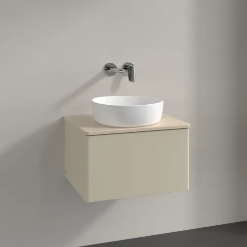 Picture of VILLEROY BOCH Antao Vanity unit, with lighting, 1 pull-out compartment, 600 x 360 x 500 mm, Front without structure, Silk Grey Matt Lacquer / Botticino #L29013HJ