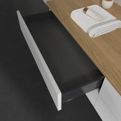 VILLEROY BOCH Antao Waschbeckenunterschrank, mit Beleuchtung, 4 Auszüge, 1600 x 360 x 500 mm, Front mit Struktur, Glossy White Lacquer / Honey Oak #L27111GF, Bild 6