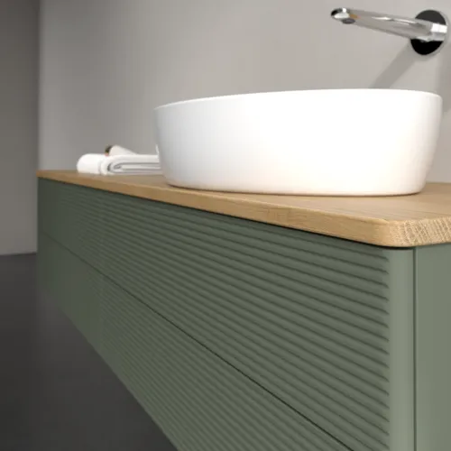 Bild von VILLEROY BOCH Antao Waschbeckenunterschrank, mit Beleuchtung, 4 Auszüge, 1600 x 360 x 500 mm, Front mit Struktur, Leaf Green Matt Lacquer / Honey Oak #L27111HL