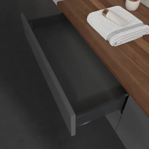 Bild von VILLEROY BOCH Antao Waschbeckenunterschrank, mit Beleuchtung, 4 Auszüge, 1600 x 360 x 500 mm, Front ohne Struktur, Anthracite Matt Lacquer / Warm Walnut #L27012GK