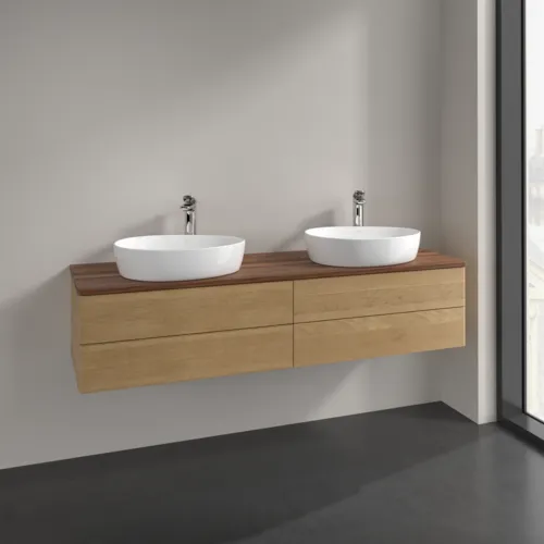 Picture of VILLEROY BOCH Antao Vanity unit, with lighting, 4 pull-out compartments, 1600 x 360 x 500 mm, Front without structure, Honey Oak / Warm Walnut #L28052HN