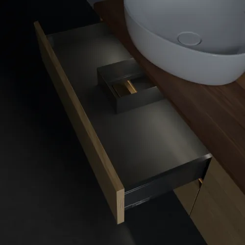 Picture of VILLEROY BOCH Antao Vanity unit, with lighting, 4 pull-out compartments, 1600 x 360 x 500 mm, Front without structure, Honey Oak / Warm Walnut #L28052HN