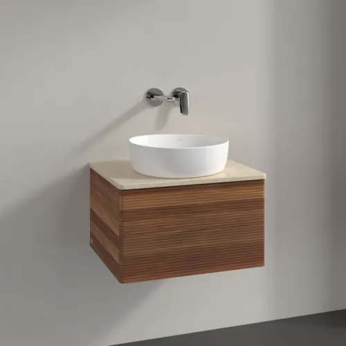 Picture of VILLEROY BOCH Antao Vanity unit, with lighting, 1 pull-out compartment, 600 x 360 x 500 mm, Front with grain texture, Warm Walnut / Botticino #L29113HM