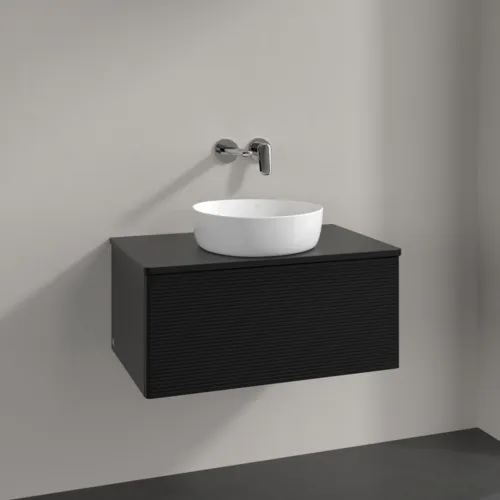 Picture of VILLEROY BOCH Antao Vanity unit, with lighting, 1 pull-out compartment, 800 x 360 x 500 mm, Front with grain texture, Black Matt Lacquer / Black Matt Lacquer #L30110PD