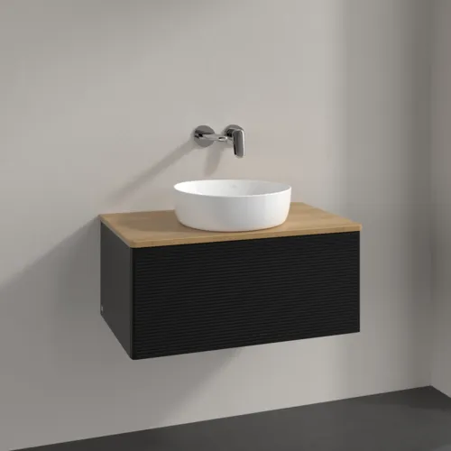 Picture of VILLEROY BOCH Antao Vanity unit, with lighting, 1 pull-out compartment, 800 x 360 x 500 mm, Front with grain texture, Black Matt Lacquer / Honey Oak #L30111PD