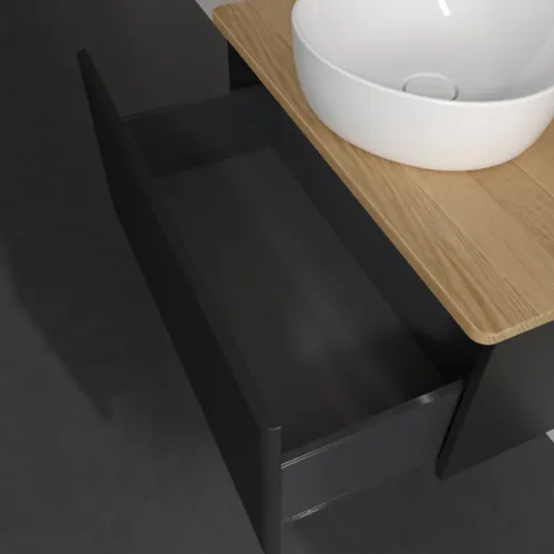 Picture of VILLEROY BOCH Antao Vanity unit, with lighting, 1 pull-out compartment, 800 x 360 x 500 mm, Front with grain texture, Black Matt Lacquer / Honey Oak #L30111PD