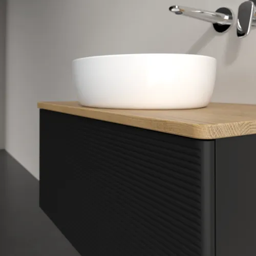 Picture of VILLEROY BOCH Antao Vanity unit, with lighting, 1 pull-out compartment, 800 x 360 x 500 mm, Front with grain texture, Black Matt Lacquer / Honey Oak #L30111PD