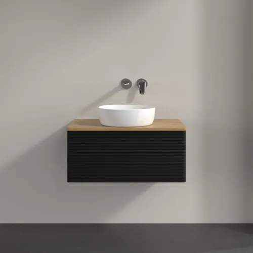 Picture of VILLEROY BOCH Antao Vanity unit, with lighting, 1 pull-out compartment, 800 x 360 x 500 mm, Front with grain texture, Black Matt Lacquer / Honey Oak #L30111PD