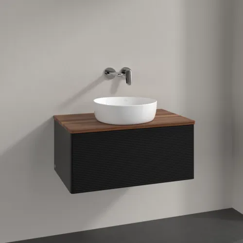 Bild von VILLEROY BOCH Antao Waschbeckenunterschrank, mit Beleuchtung, 1 Auszug, 800 x 360 x 500 mm, Front mit Struktur, Black Matt Lacquer / Warm Walnut #L30112PD