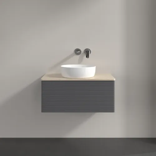 Bild von VILLEROY BOCH Antao Waschbeckenunterschrank, mit Beleuchtung, 1 Auszug, 800 x 360 x 500 mm, Front mit Struktur, Anthracite Matt Lacquer / Botticino #L30113GK