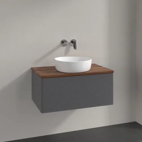 Bild von VILLEROY BOCH Antao Waschbeckenunterschrank, mit Beleuchtung, 1 Auszug, 800 x 360 x 500 mm, Front mit Struktur, Anthracite Matt Lacquer / Warm Walnut #L30112GK