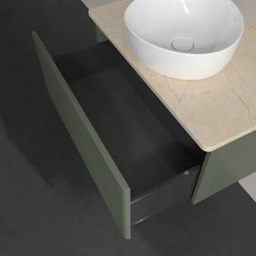 Bild von VILLEROY BOCH Antao Waschbeckenunterschrank, mit Beleuchtung, 1 Auszug, 800 x 360 x 500 mm, Front mit Struktur, Leaf Green Matt Lacquer / Botticino #L30113HL