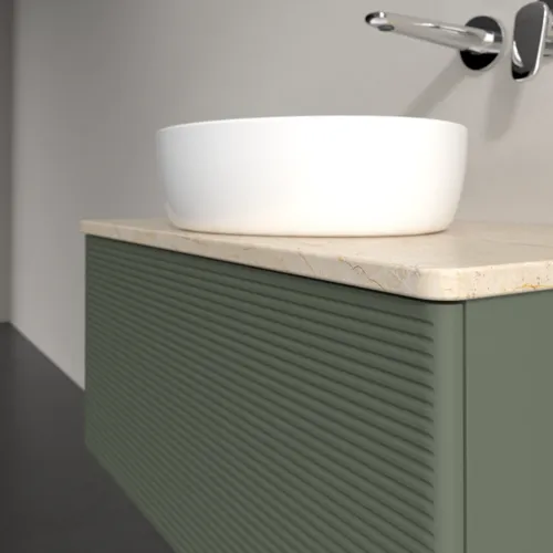 Bild von VILLEROY BOCH Antao Waschbeckenunterschrank, mit Beleuchtung, 1 Auszug, 800 x 360 x 500 mm, Front mit Struktur, Leaf Green Matt Lacquer / Botticino #L30113HL