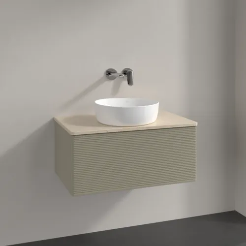 Picture of VILLEROY BOCH Antao Vanity unit, with lighting, 1 pull-out compartment, 800 x 360 x 500 mm, Front with grain texture, Stone Grey Matt Lacquer / Botticino #L30113HK