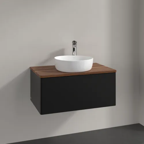 Bild von VILLEROY BOCH Antao Waschbeckenunterschrank, mit Beleuchtung, 1 Auszug, 800 x 360 x 500 mm, Front ohne Struktur, Black Matt Lacquer / Warm Walnut #L30052PD