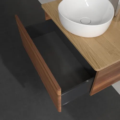 Bild von VILLEROY BOCH Antao Waschbeckenunterschrank, mit Beleuchtung, 1 Auszug, 800 x 360 x 500 mm, Front mit Struktur, Warm Walnut / Honey Oak #L30151HM