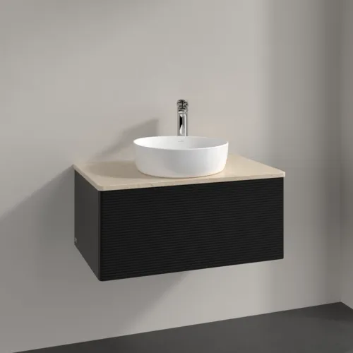 Bild von VILLEROY BOCH Antao Waschbeckenunterschrank, mit Beleuchtung, 1 Auszug, 800 x 360 x 500 mm, Front mit Struktur, Black Matt Lacquer / Botticino #L30153PD