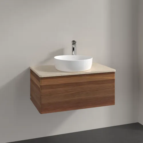 Bild von VILLEROY BOCH Antao Waschbeckenunterschrank, mit Beleuchtung, 1 Auszug, 800 x 360 x 500 mm, Front mit Struktur, Warm Walnut / Botticino #L30153HM